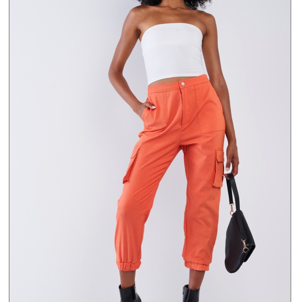 NEW Tangerine Orange High Waisted Cargo Pocket Jogger Pants